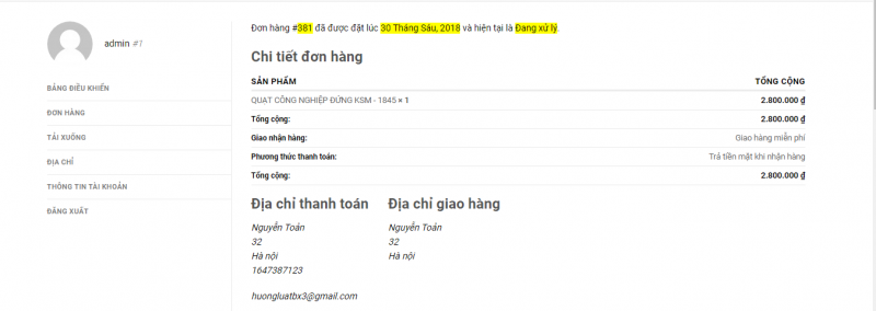 thông tin đặt hàng