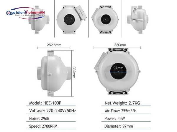 Thông số Quạt hút nối ống đồng trục nanyoo phi 315