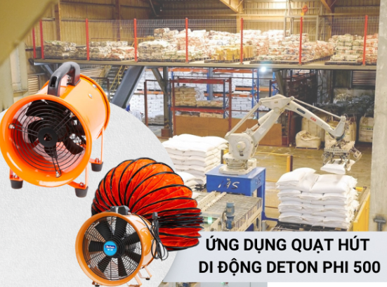 Quạt hút di động Deton Phi 500 được sử dụng để thông gió nhà xưởng, cấp khí tươi