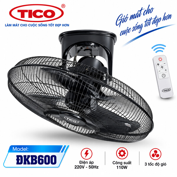 Quạt đảo trần TICO ĐKB600 công suất 110W, sải cánh 520mm, đường kính lồng 580mm, trang bị 3 cấp độ gió, remote điều khiển từ xa và chức năng hẹn giờ. Quạt sử dụng động cơ vòng bi, motor dây đồng 100%, phù hợp làm mát phòng lớn, nhà hàng, cửa hàng, hội trường và nhiều không gian rộng.